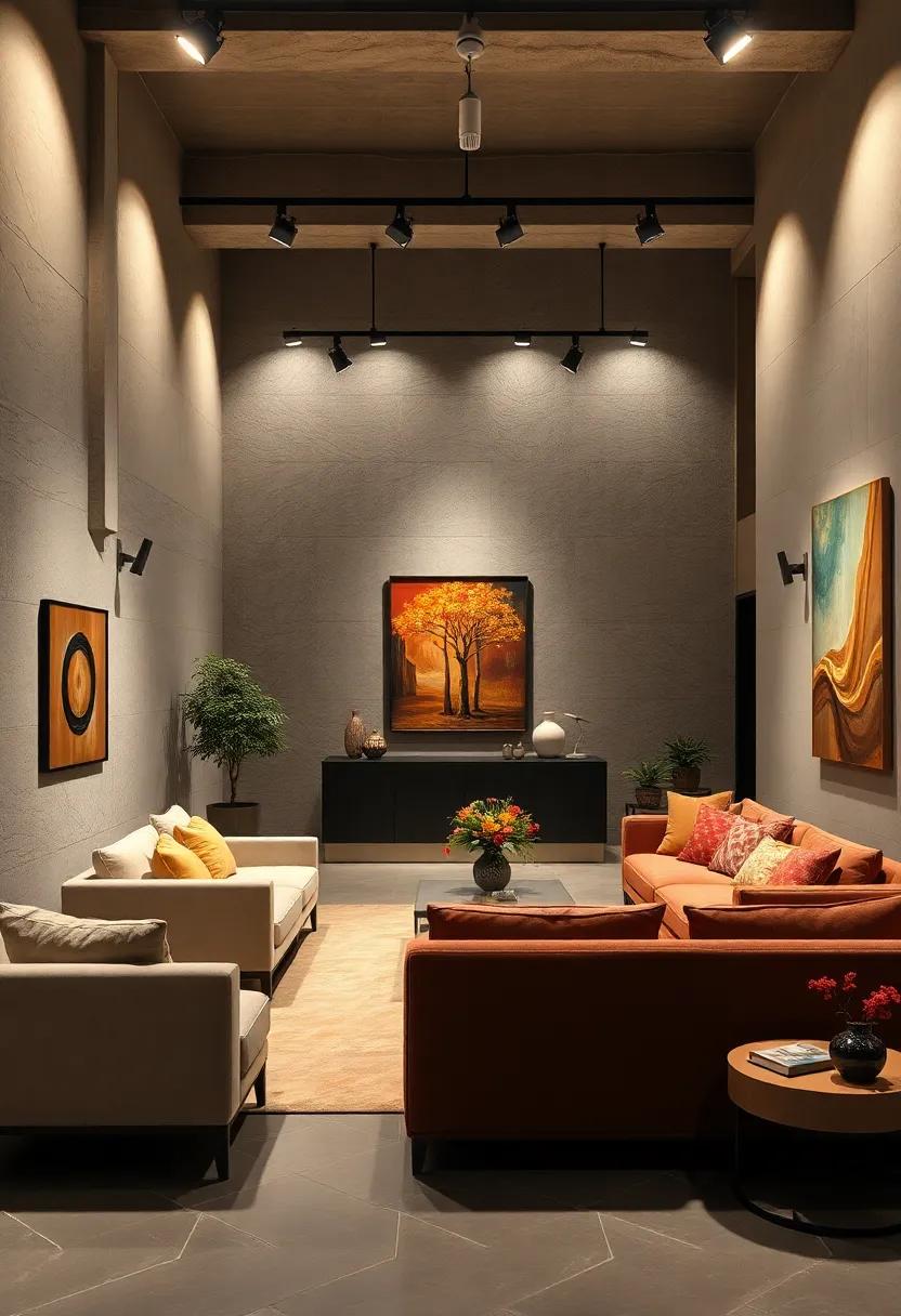 Dramatic Spotlights Highlighting Artistic Pieces in Galleries and Personal Collections