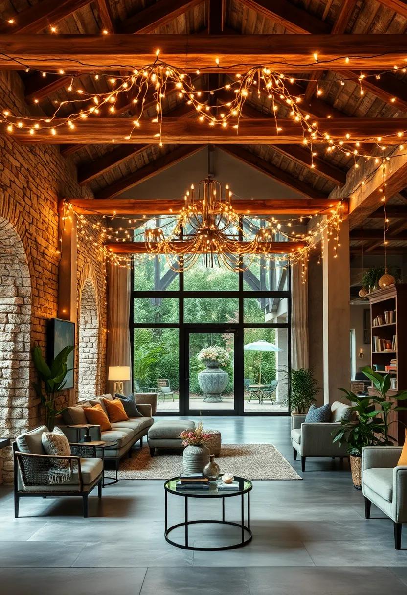 Enchanting Fairy Light Arrangements Draped Over Rustic Wooden Beams for Magical Evenings