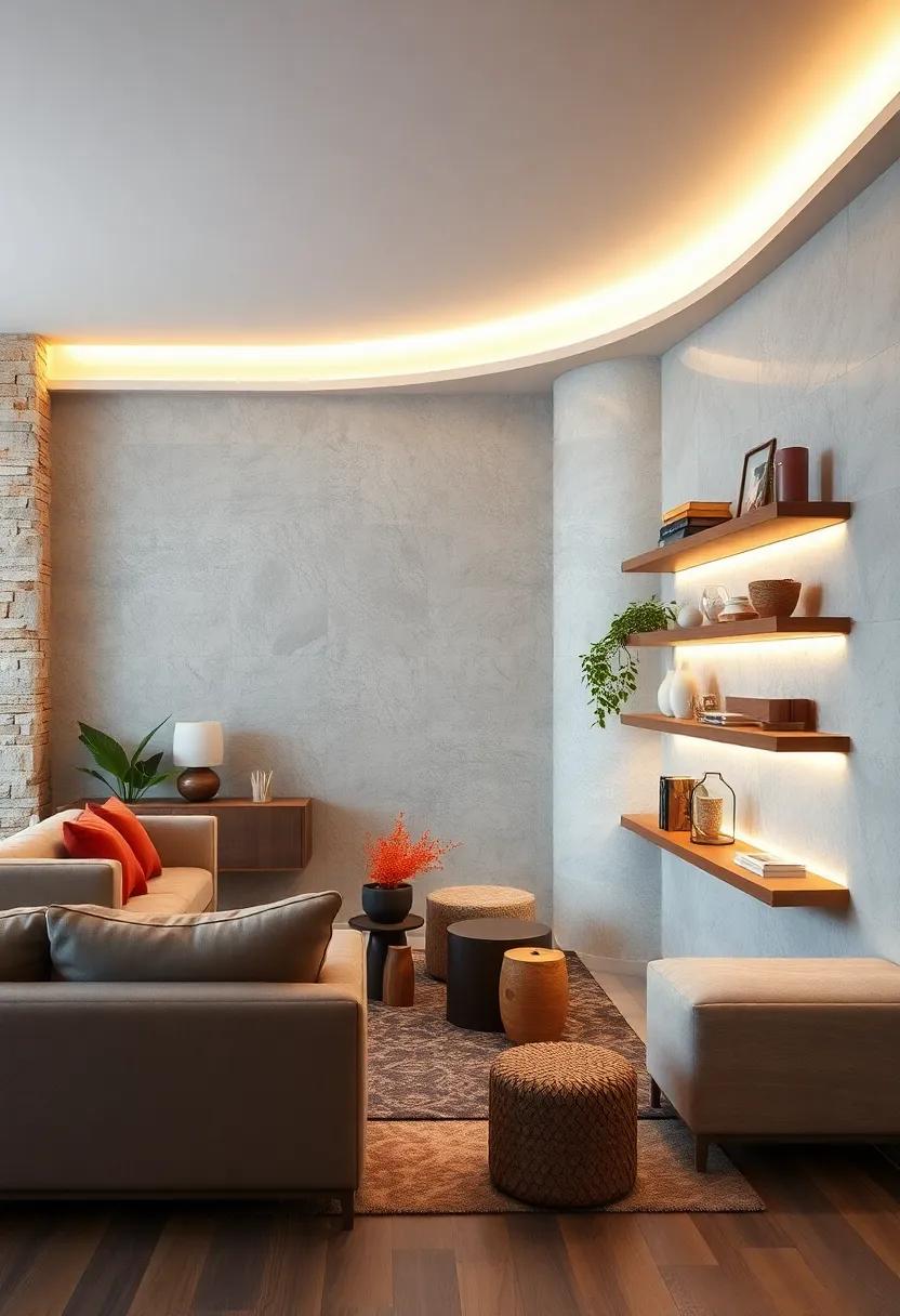 Minimalist LED Strips Integrated Into Floating Shelves for Sleek Underlighting Effects