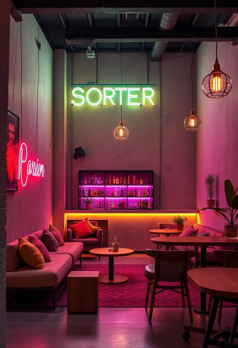 Vibrant Neon Signage Illuminating Eclectic Home Bars and Creative Workspaces