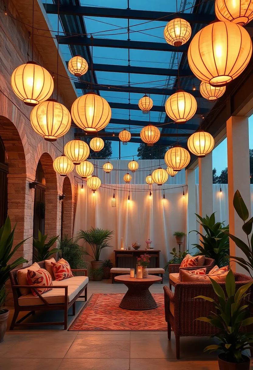 Whimsical Paper Lantern Clusters Floating Above Outdoor Garden Seating Areas