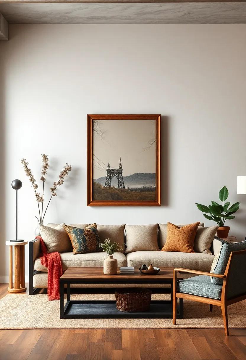 The Warm Glow of Rustic Wooden Frames Enhancing Vintage Country Wall Art in a Cozy Living Room Setting