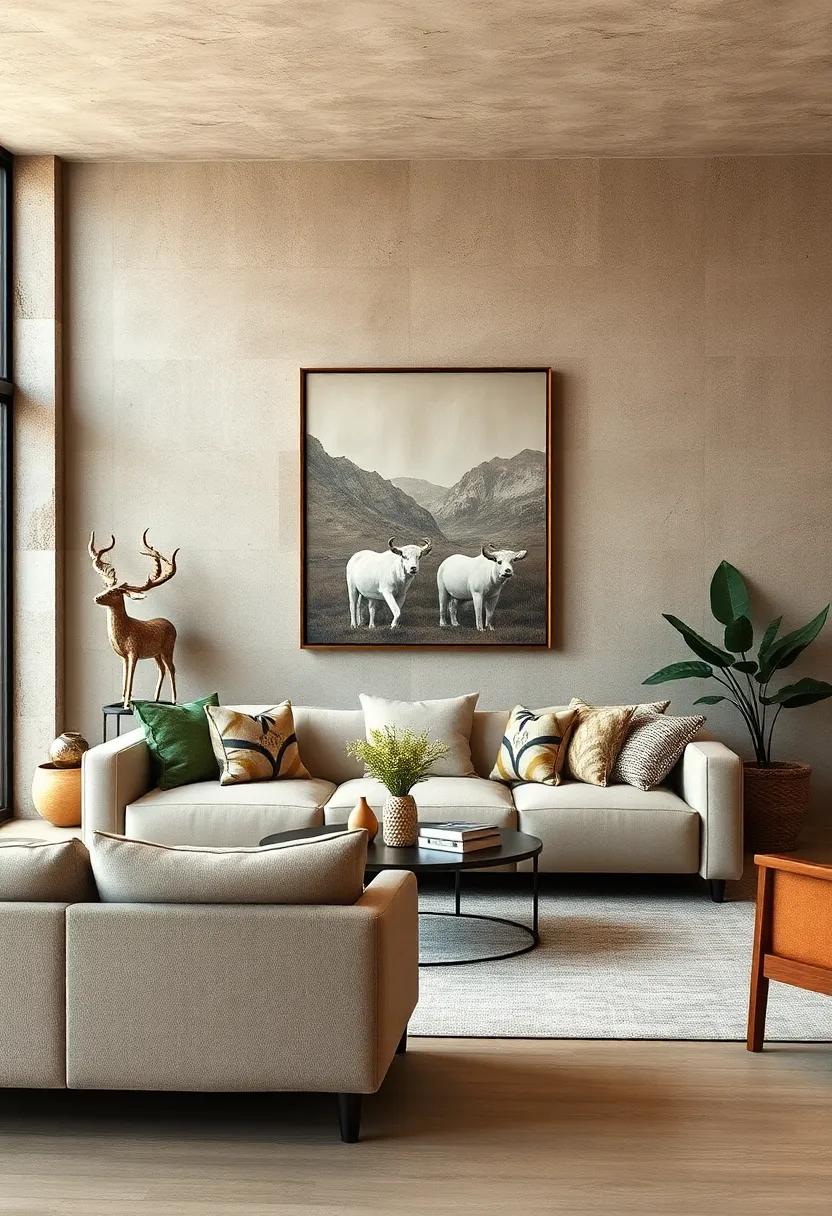 Muted Earth Tones Blending Seamlessly with Vintage Country Wall Art to Create a Balanced Living Space