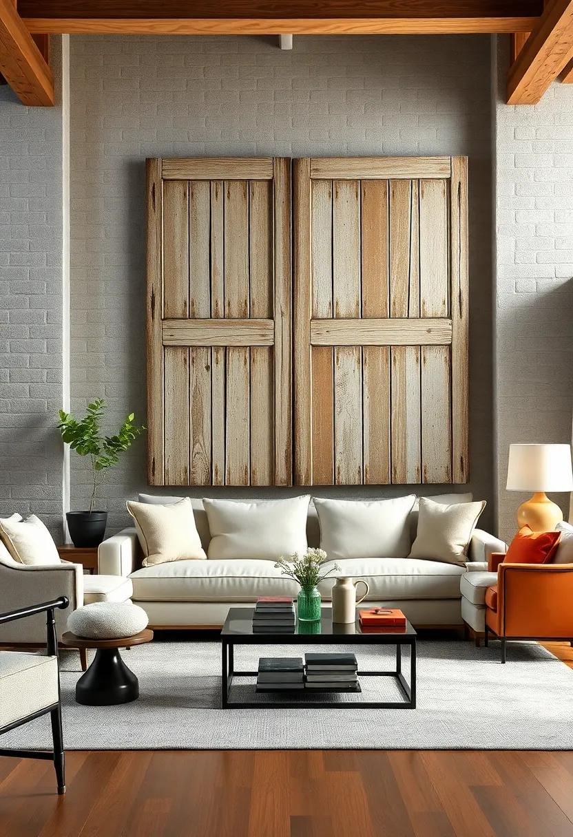Sun-Scarred Old Barn Door Panels Used as Backdrop Art in a Vintage Country Inspired Living Space