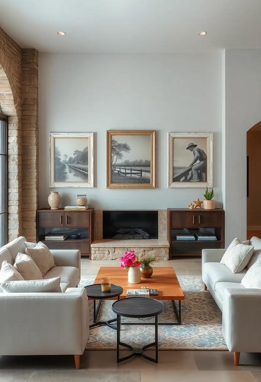 Worn Leather Accents Complementing Vintage Country Wall Art for a Rich Textural Contrast