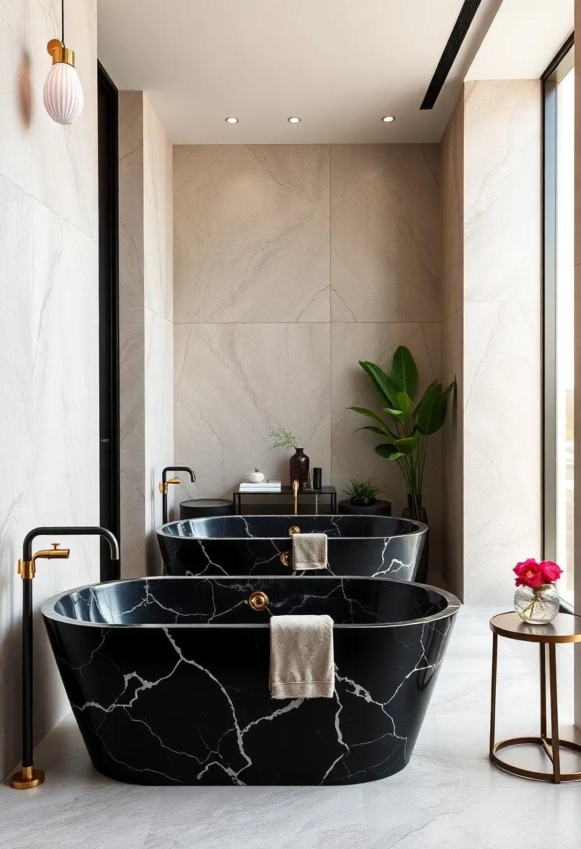 Art Deco Elegance Captured by Black Marble Freestanding Tubs Accented With Brass Fixtures and Geometric Patterns