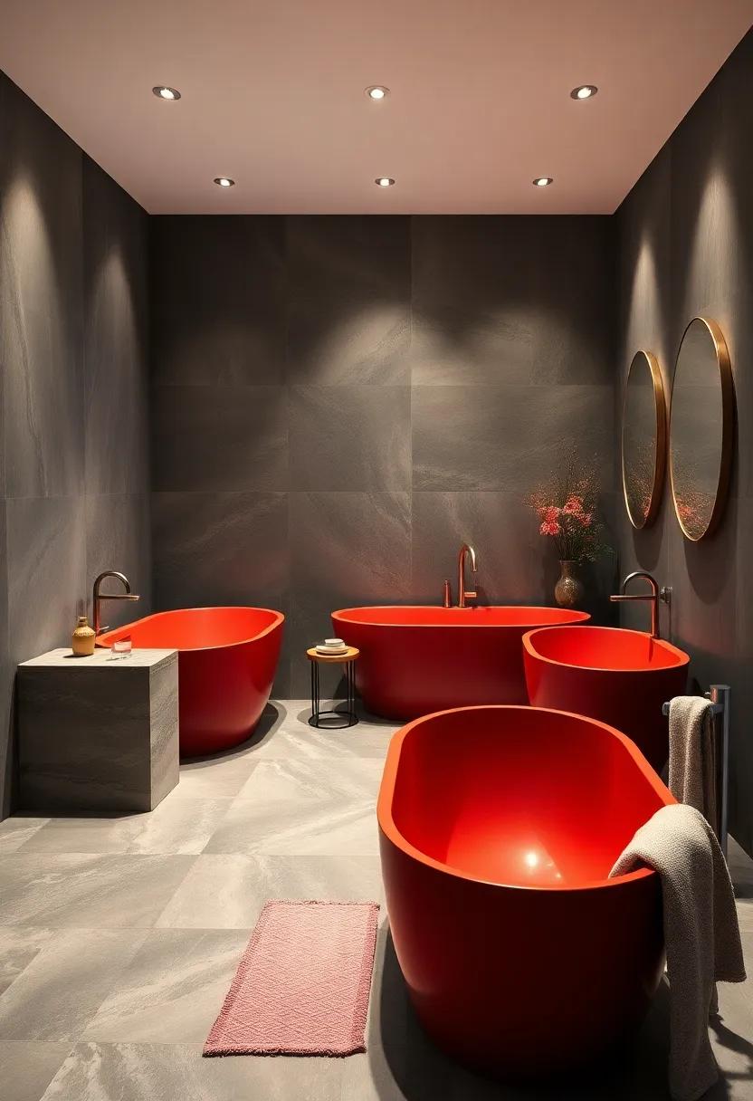 Bold Statement Bathrooms Featuring Red Freestanding Tubs Complemented by Dark Gray Walls and Spot Lighting