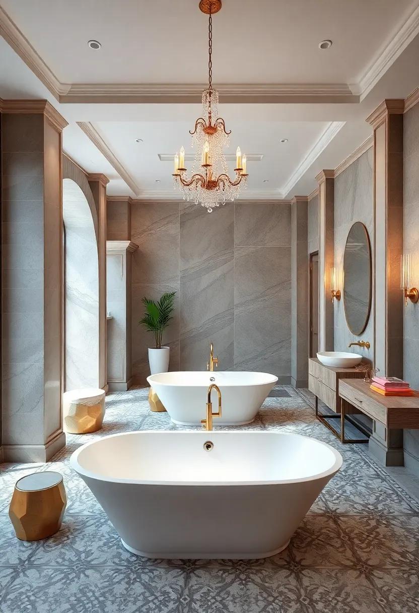 Classic Elegance With Freestanding Tubs Centered on Intricate Mosaic Tile Floors and Crystal Chandeliers