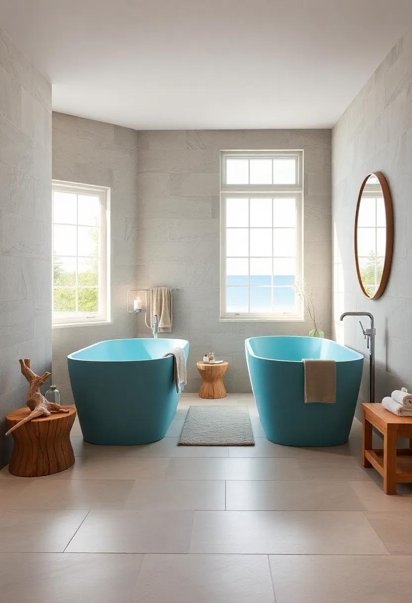 Coastal-Themed Bathrooms With Light Blue Freestanding Tubs Paired With Nautical Decor and Driftwood