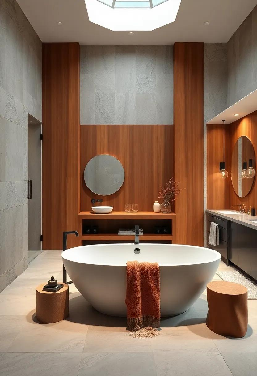Cozy Retreat Bathrooms With Warm Wooden Panels Encasing a Freestanding Tub and Soft Textile Accents