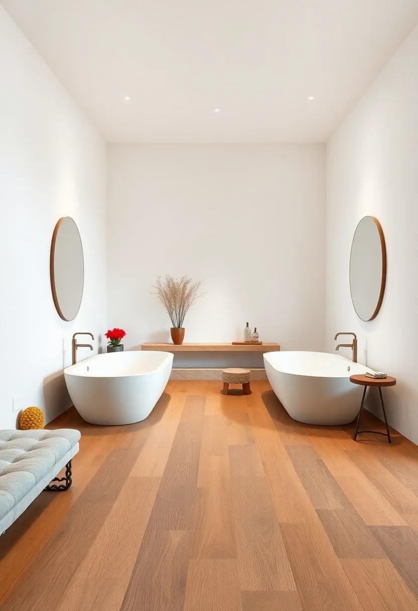 Elegant Minimalism With Floating Freestanding Tubs Set Against Expansive White Walls and Natural Wood Flooring