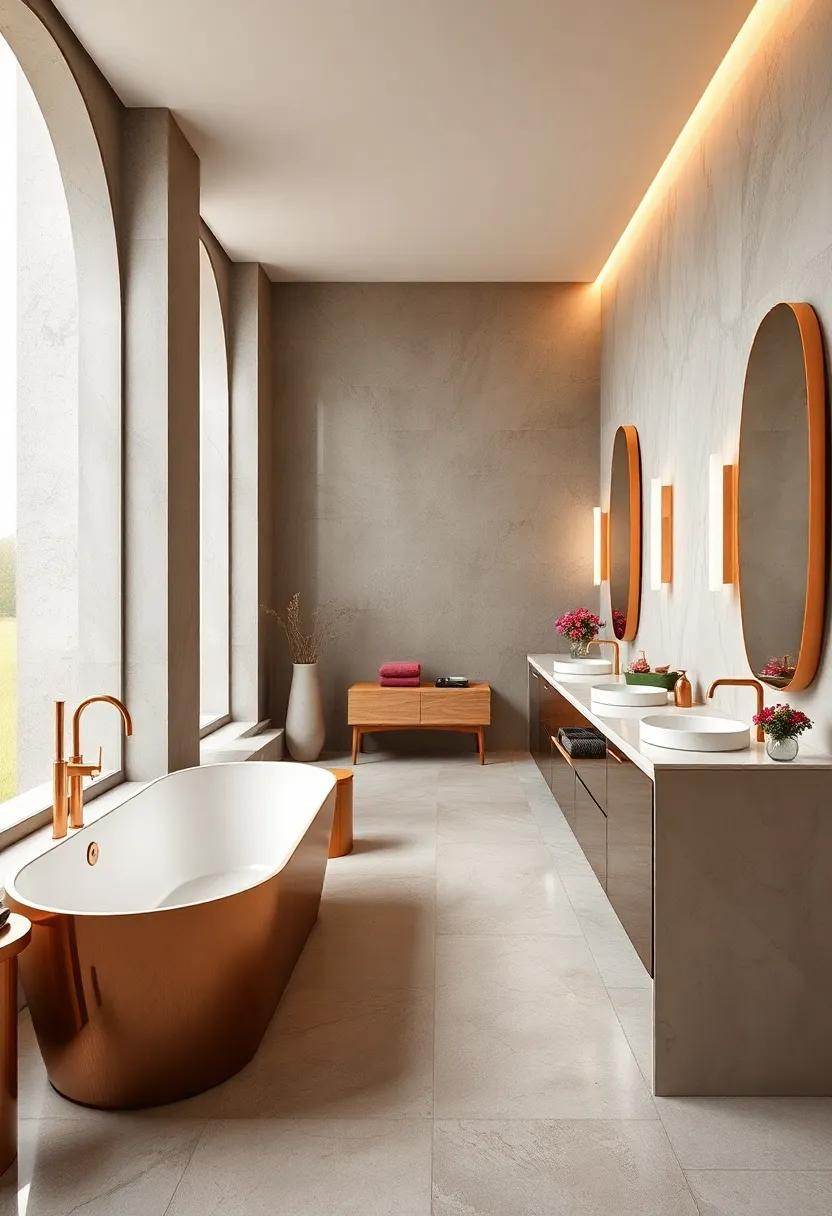 Modern Glamour Showcased With Rose Gold Freestanding Tubs and Mirrored Vanity Cabinets