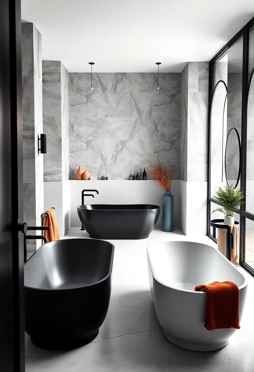 Monochrome Bathrooms Featuring Sleek Black Freestanding Tubs Contrasted Against Crisp White Tiles