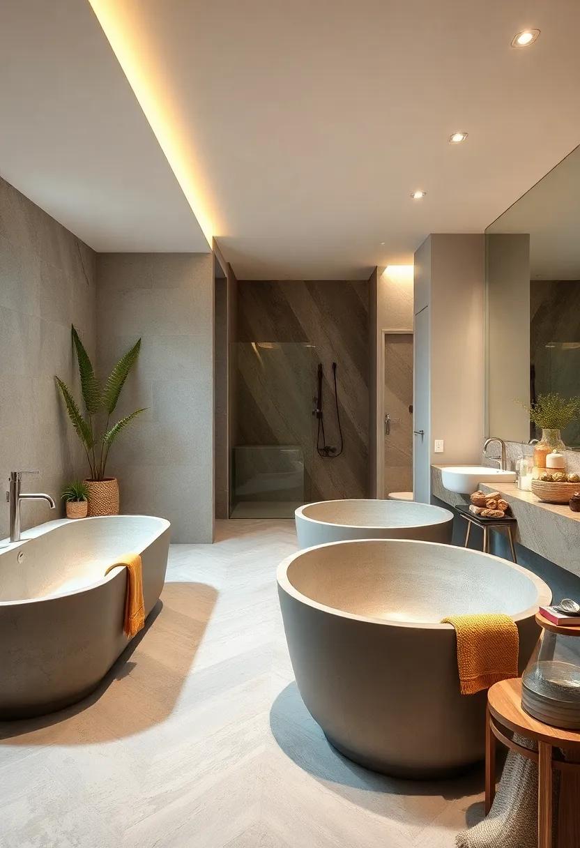 Organic Shapes and Earthy Tones Complementing Smooth Concrete Freestanding Bathtubs and Wooden Elements