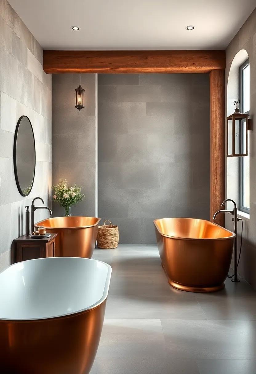 Rustic Luxury With Copper Freestanding Tubs Set Beside Exposed Wooden Beams and Vintage Lanterns
