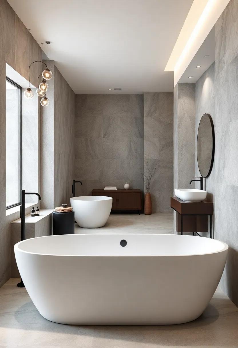 Sculptural Freestanding Bathtubs Paired With Modern Minimalist Fixtures and Matte Black Accents