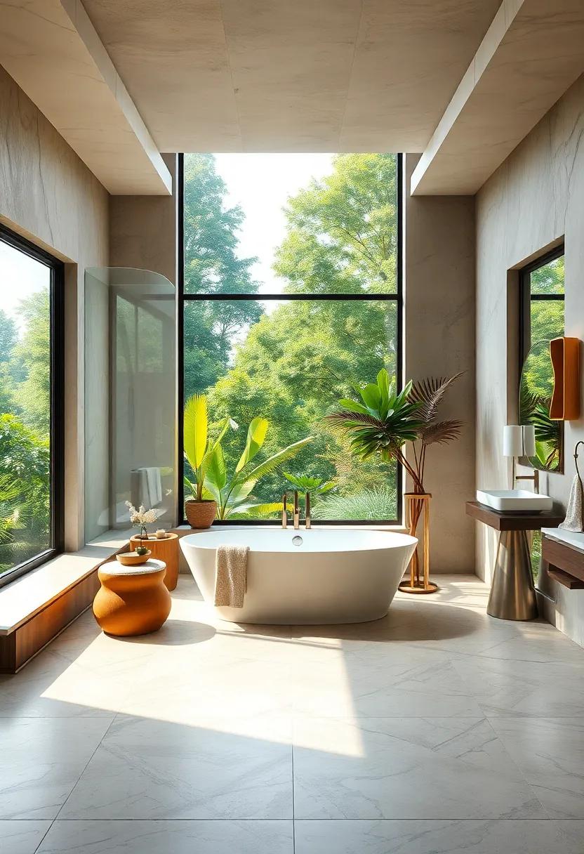Serene Bathrooms With Floor-to-Ceiling Windows Highlighting a Freestanding Tub Overlooking Lush Gardens