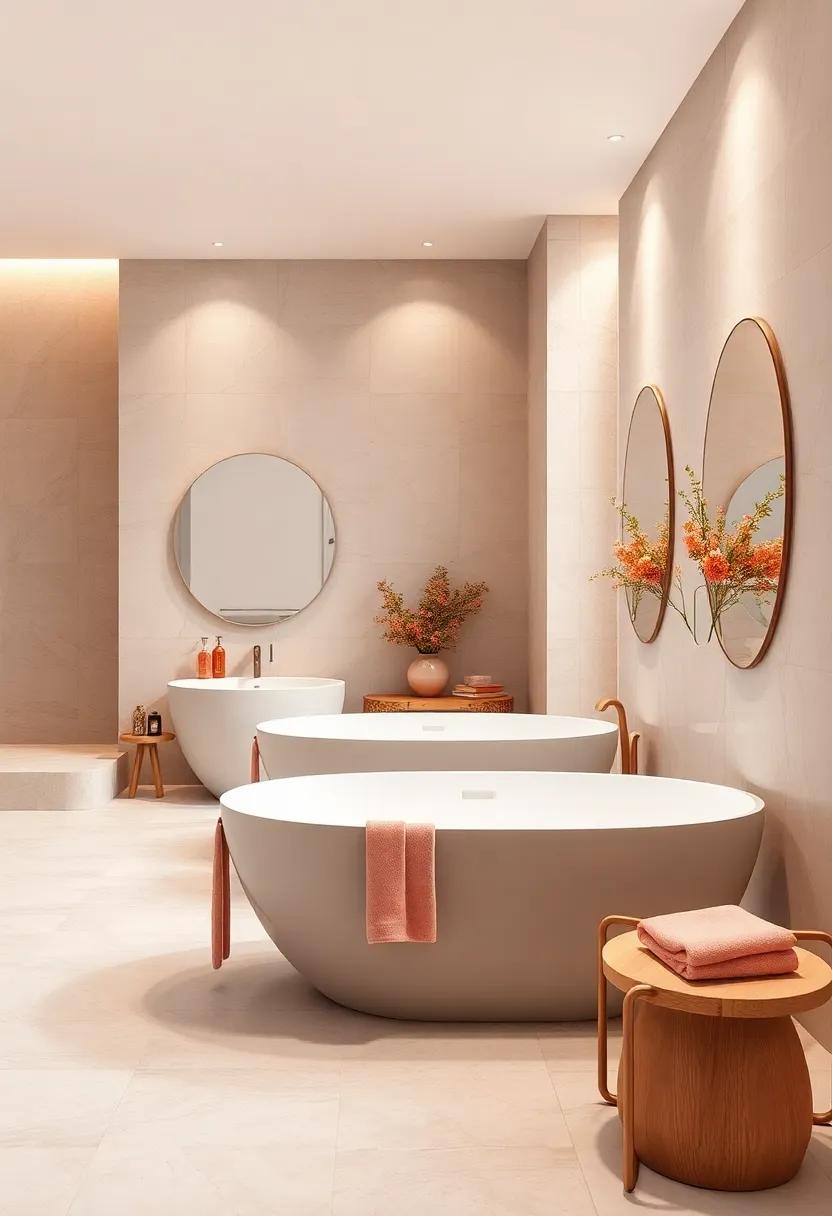 Soft Pastel Bathroom Palettes Complementing Curvaceous Freestanding Tubs and Subtle Metallic Fixtures