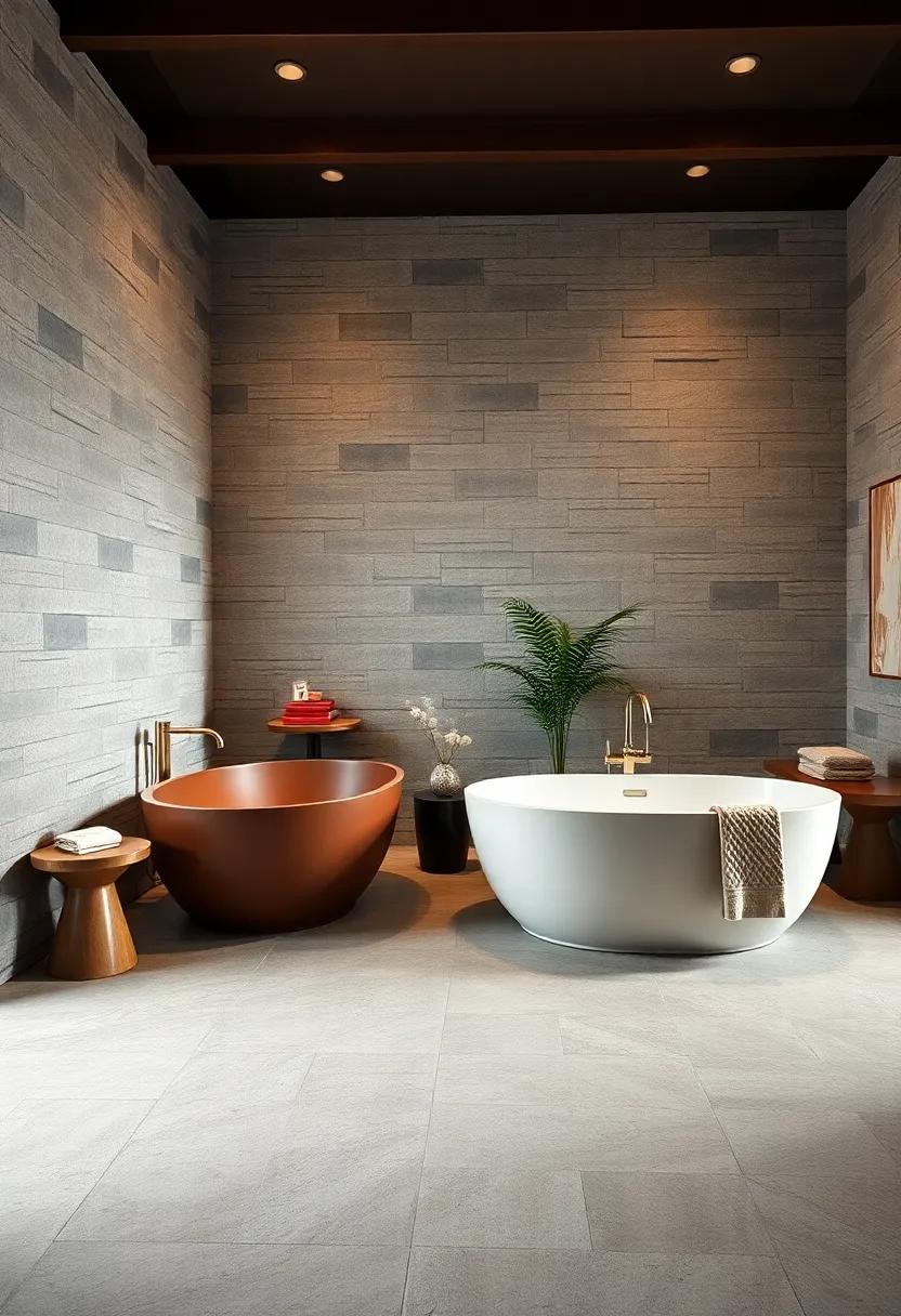 Spacious Bathrooms Showcasing Oversized Oval Freestanding Tubs Against Textured Stone Walls