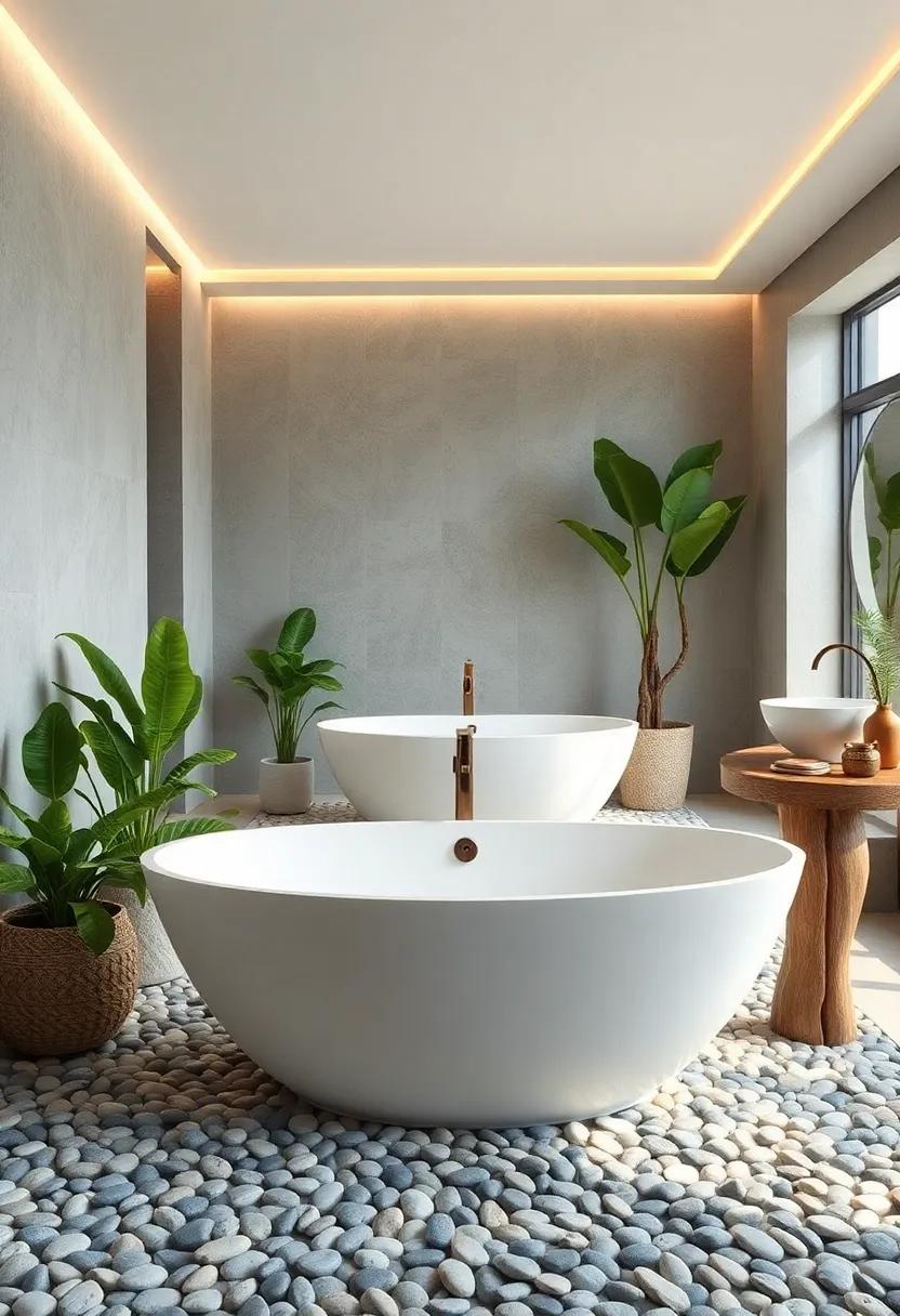 Spa-Inspired Bathrooms Radiating Calm With Soft Pebble Floors and Freestanding Tubs Surrounded by Green Plants