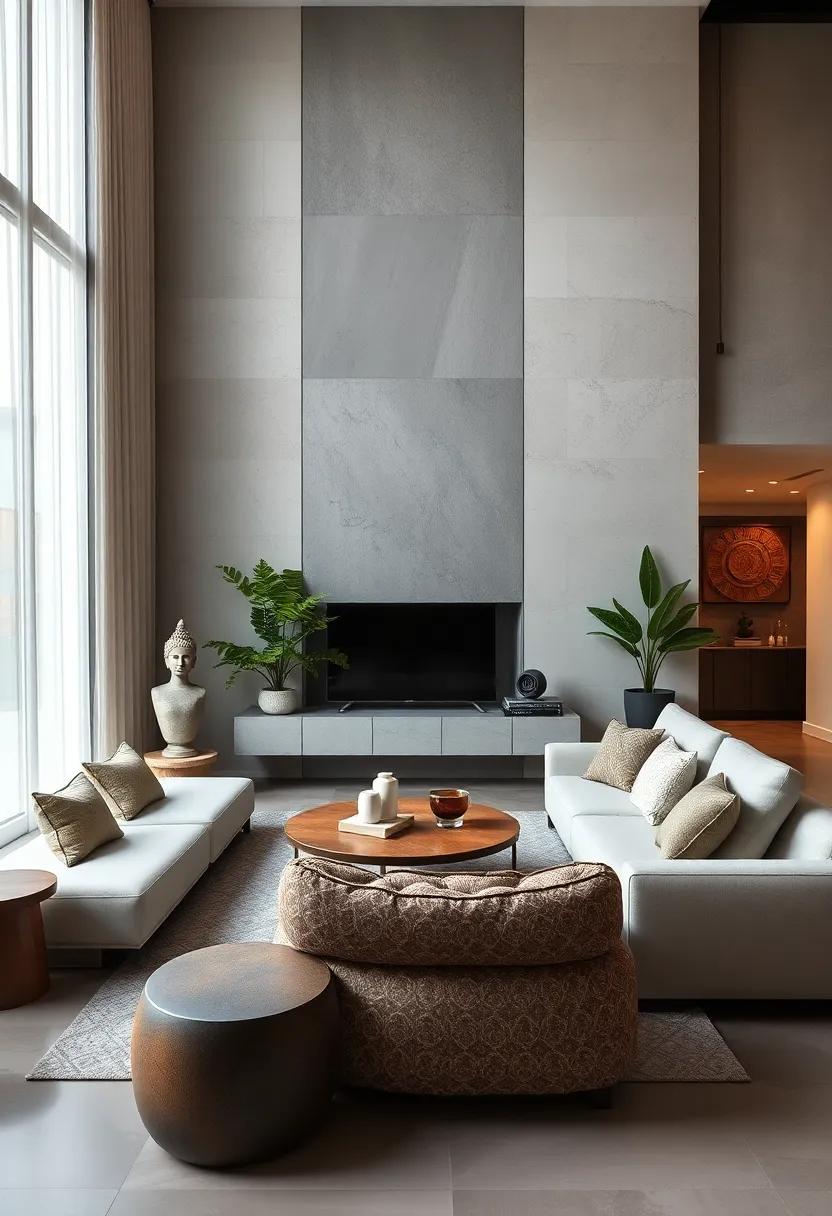 Create Serenity Corners Featuring Minimalist Zen Sculptures and Plush Seating with Intricate Patterns