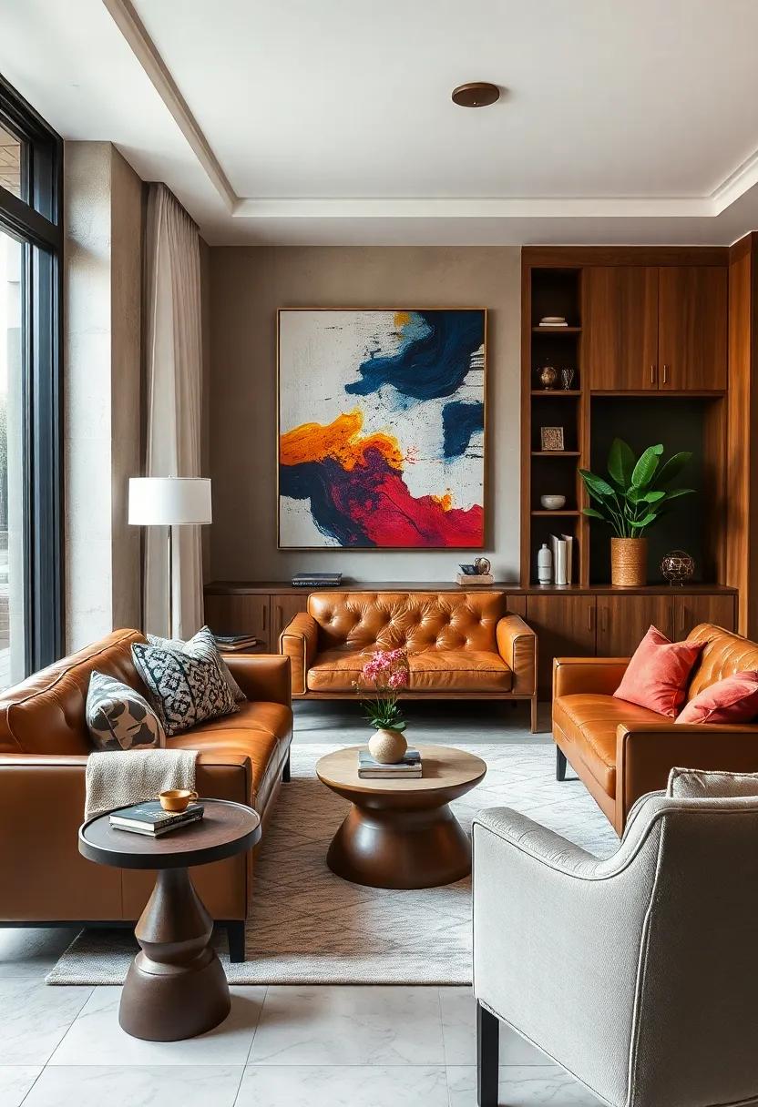 Fashionate Home Offices with Classic Leather Furniture Paired with Abstract Art and Sleek Technology