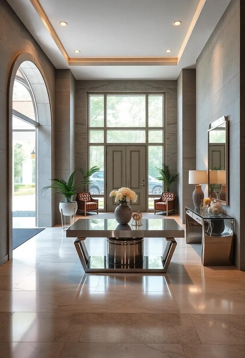 Art Deco Inspired Entry Tables with Mirrored Surfaces and Chrome Details Reflecting Entrance Light