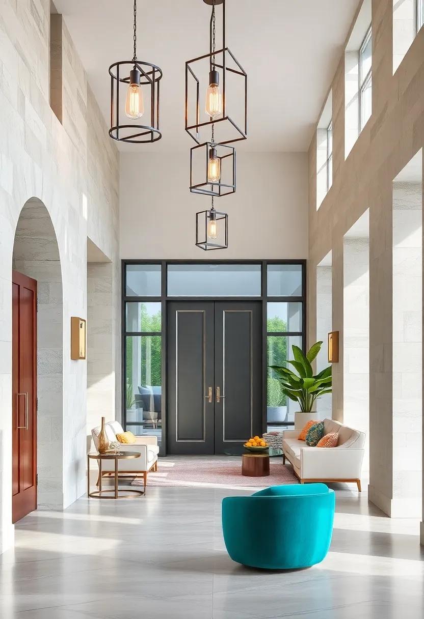 Bold Geometric Light Fixtures Combining Metal and Glass Elements to Define a Modern Luxe Entry