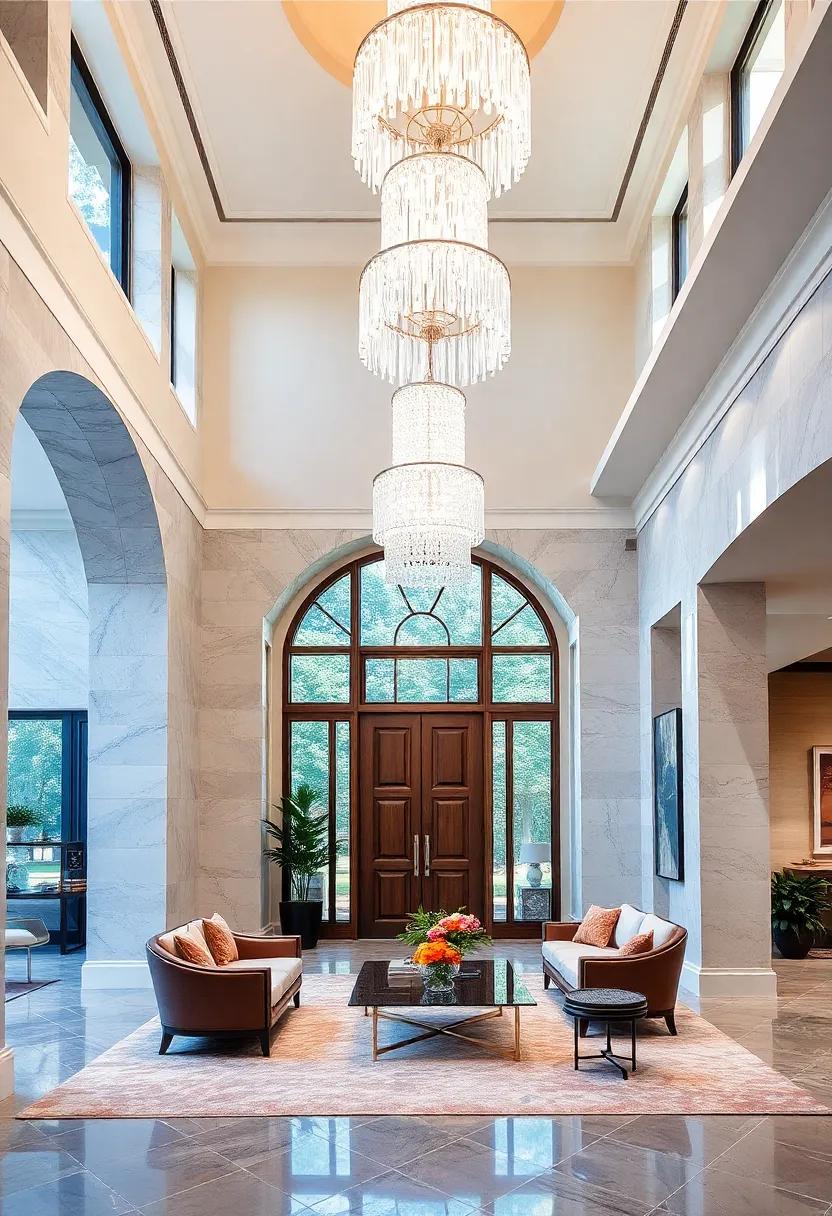 Gleaming Crystal Chandeliers Suspended Above Expansive Entryway Spaces for Dramatic Illumination