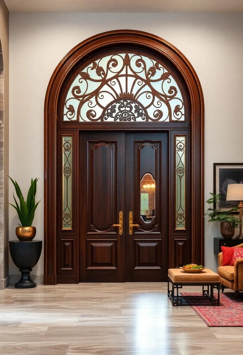 Grand Entrance Doors Crafted from Rich Mahogany with Intricate Carvings and Polished Brass Accents