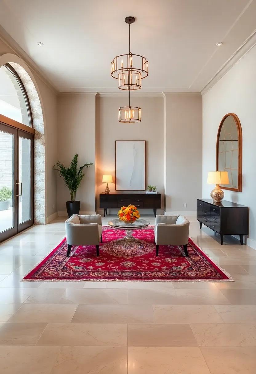 Handwoven Oriental Rugs Layered Over Polished Stone Floors to Create Warmth and Elegance