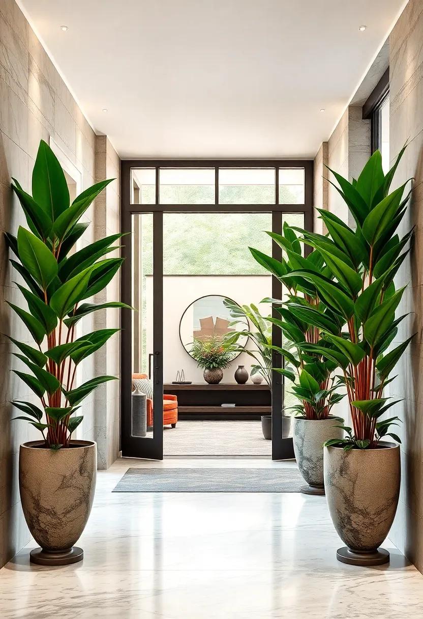 Lush Indoor Plants in Elegant Planters Framing Doorways and Bringing Freshness to the Entry Space