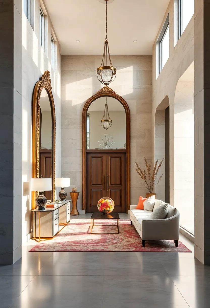 Oversized Mirrors with Ornate Frames Reflecting Light to Amplify Spaciousness in the Entry Hall