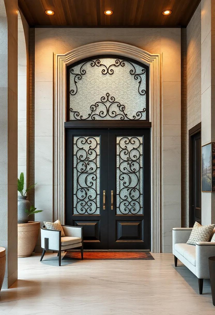 Stately Double Doors with Custom Ironwork and Textured Glass Inserts for a Sophisticated Arrival