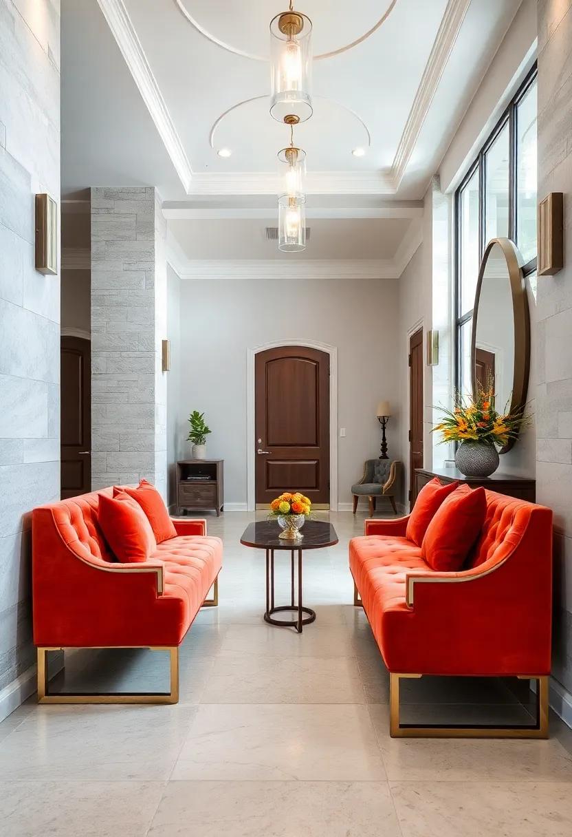 Statement Entry Benches Upholstered in Sumptuous Velvet with Polished Metal Detailing