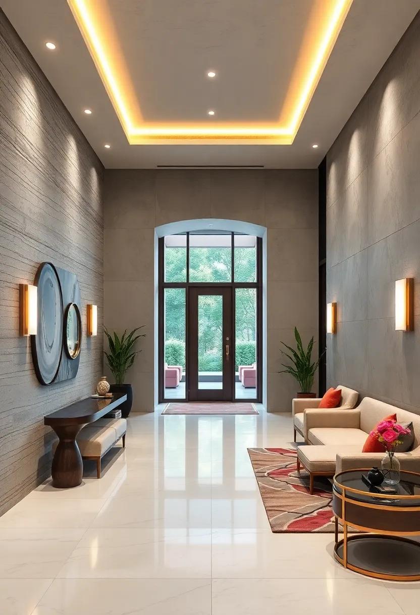 Subtle Recessed Lighting Accentuating Architectural Features and Luxurious Finishes in Entry Areas