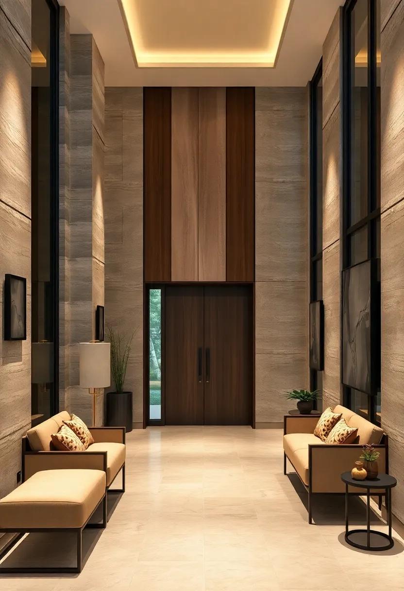 Textured Wall Panels in Natural Stone or Wood Serving as Focal Points in High-End Entryway Designs