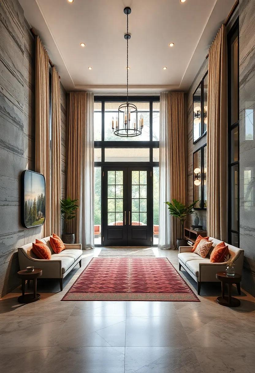 Velvet Drapes and Soft Sheer Curtains Framing Side Panels to Soften the Entry Lighting Effects