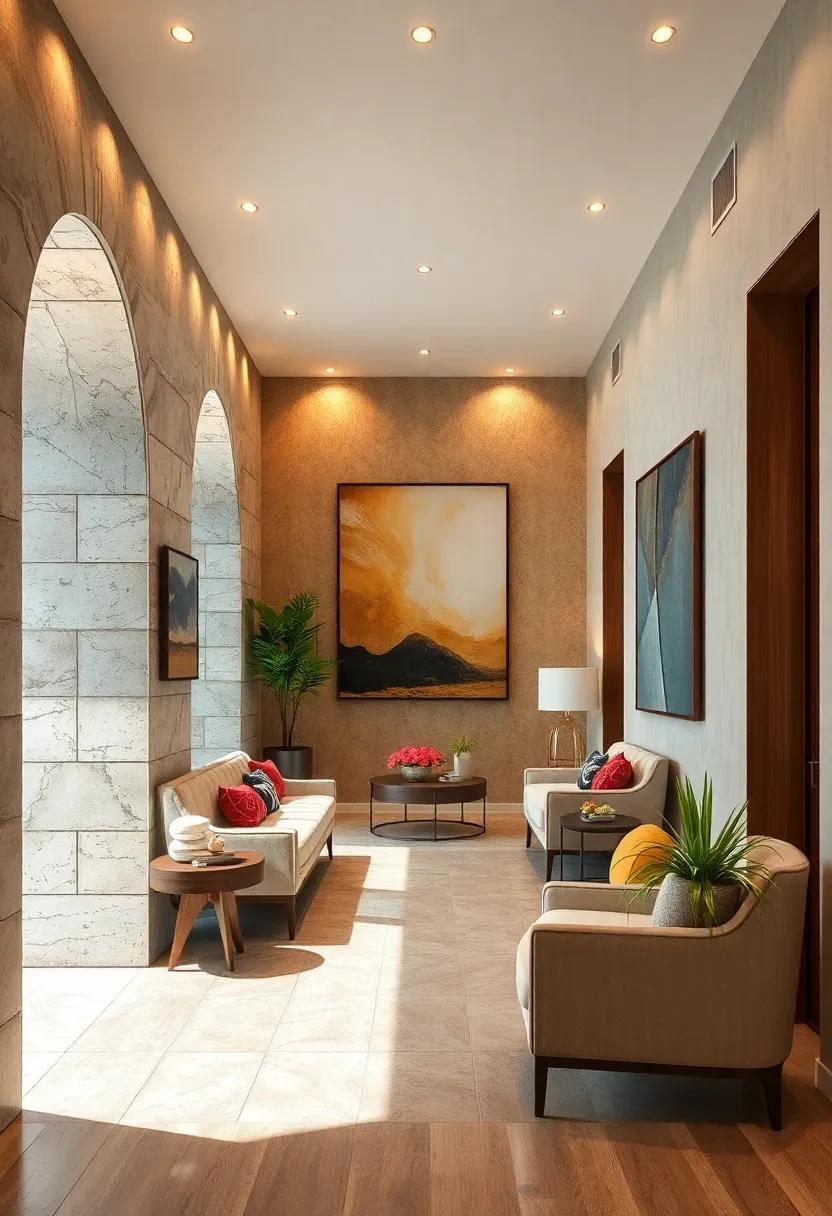 Warm Metallic Wall Finishes Creating Sophisticated Backdrops for Statement Artwork at Your Entrance