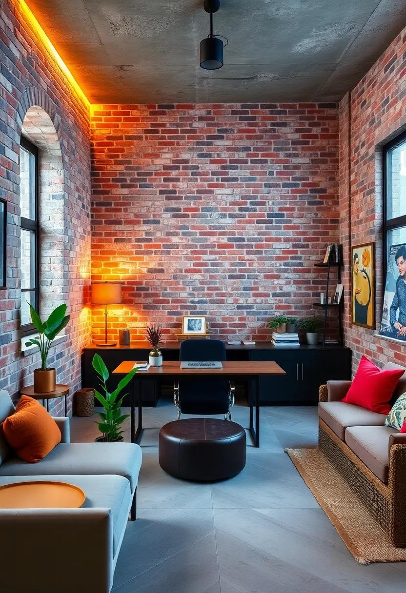 Elevate Work Ambiance With Exposed Brick Walls Featuring Rustic Textures And Ambient Industrial Lighting