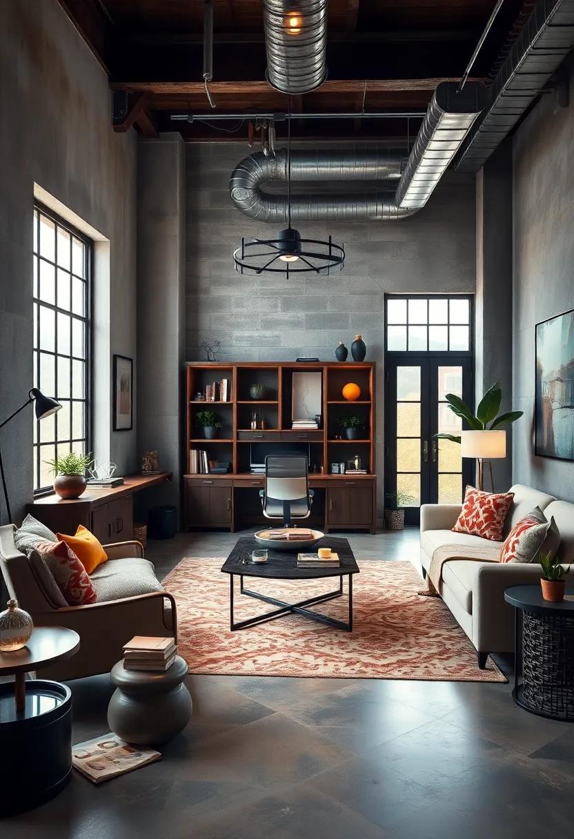 Present A Mix of Industrial and Art Deco Elements Creating An Eclectic Yet Sophisticated Office Environment