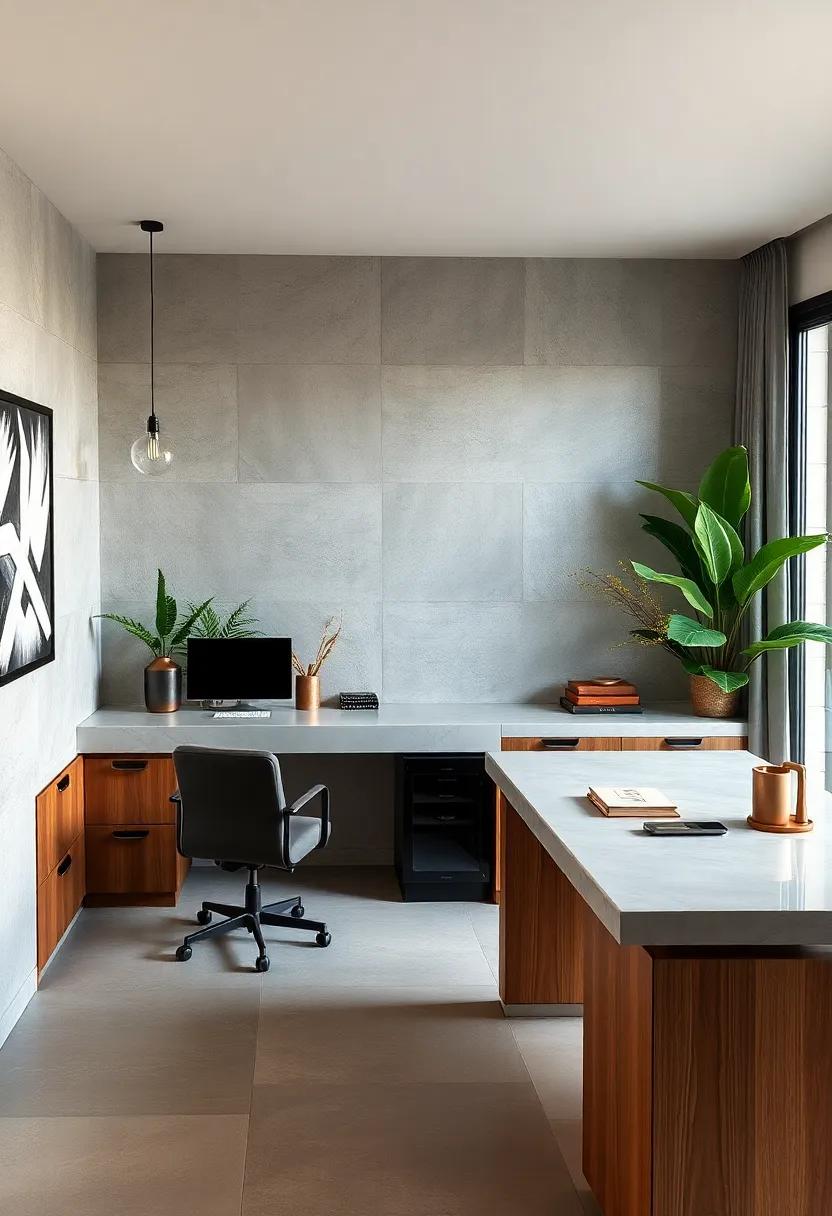 Unveil Built-In Desks With Smooth Polished Concrete Tops Contrasting With Rough Surroundings