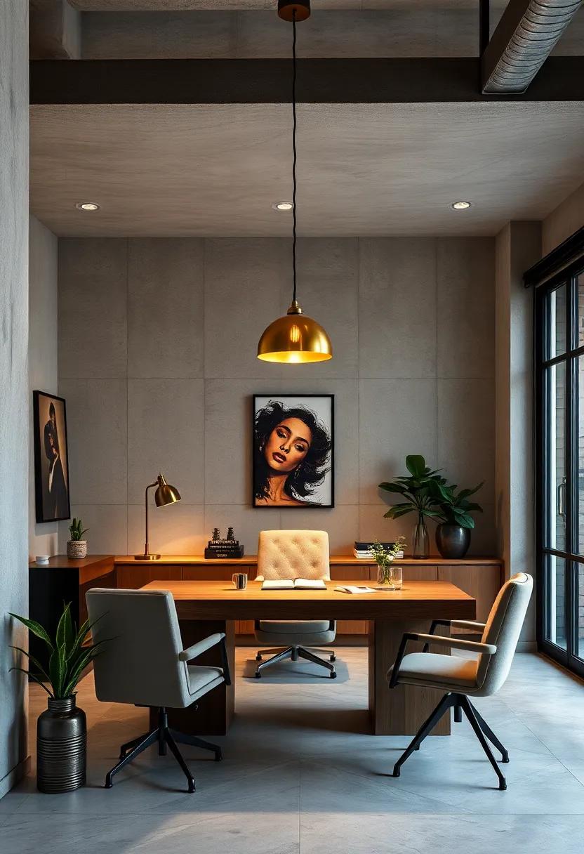 Highlight Dramatic Pendant Lighting With Aged Brass Finishes Casting Warm Glows Over A Spacious Desk