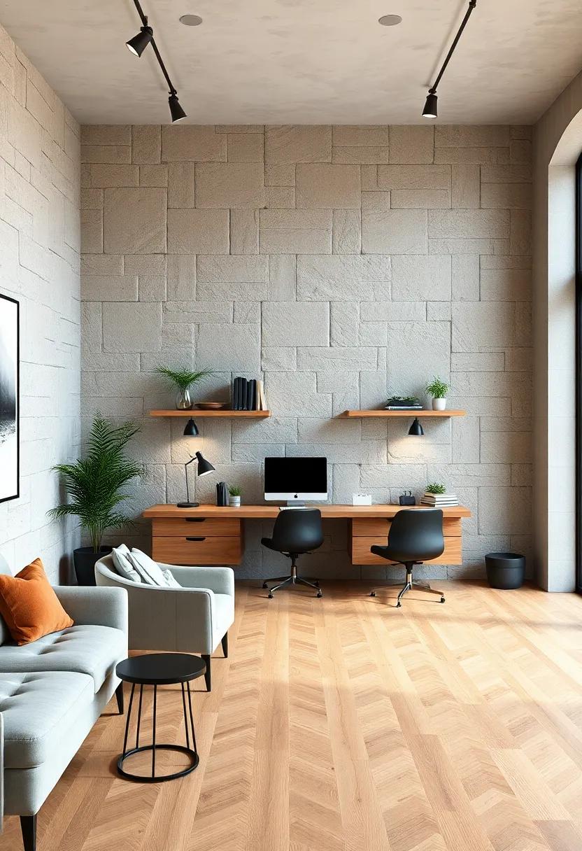 Dream Of Floating Wooden Desks Hovering Above Exposed Quarry Stone Walls With Gentle Underlighting