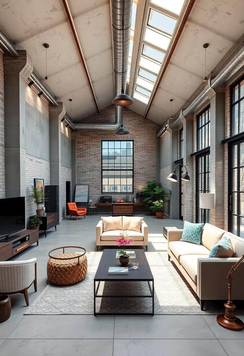 Visualize A Loft-Style Workspace With High Ceilings, Skylights, And Exposed Industrial Ductwork