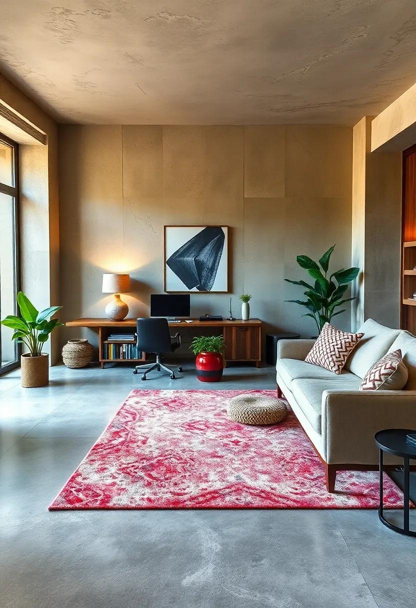 Present Bold Concrete Flooring Paired With Plush Area Rugs For Contrast And Comfort