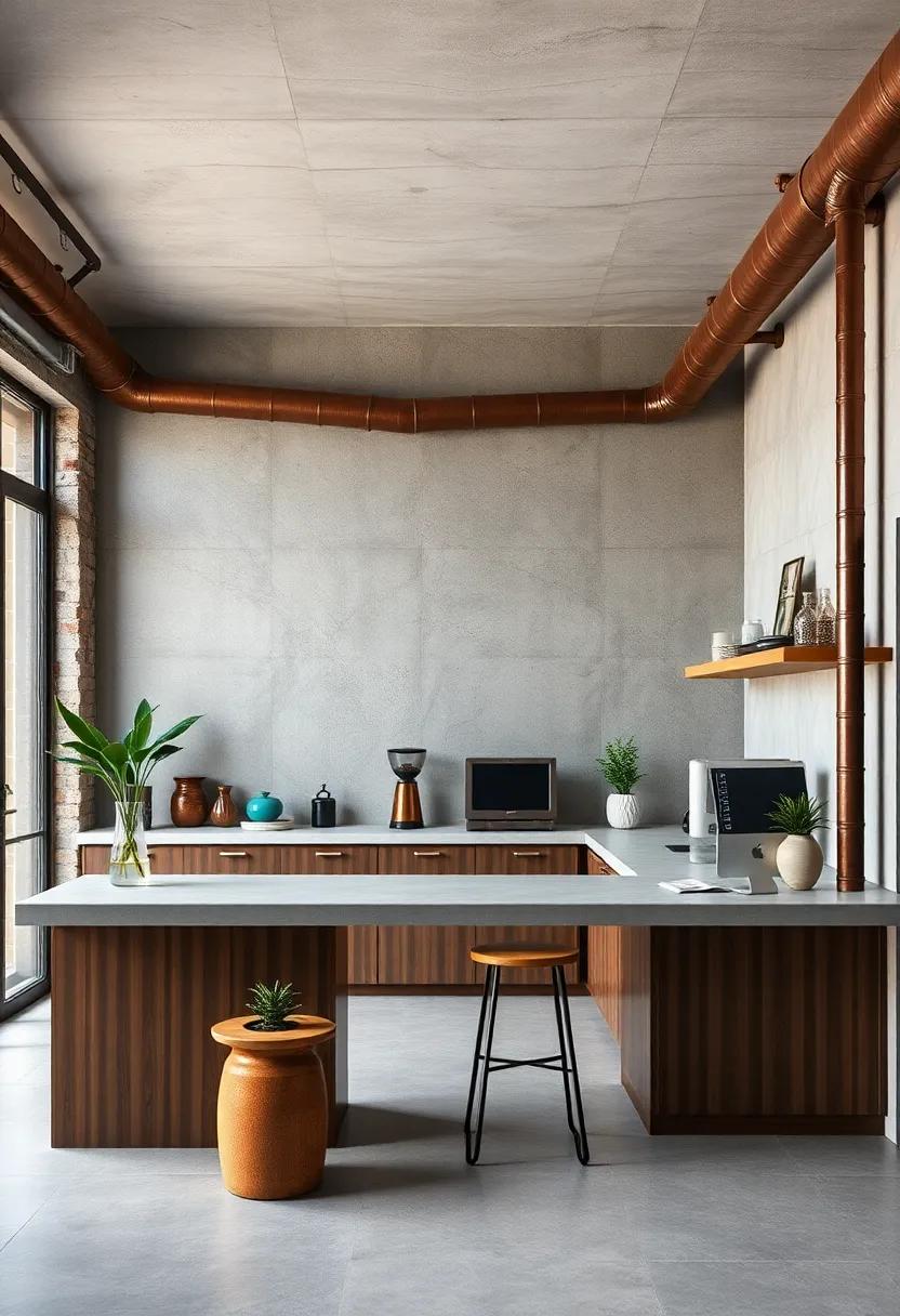 Reveal A Coffee Station Featuring Industrial Pipes, Copper Fixtures, And Concrete Countertops