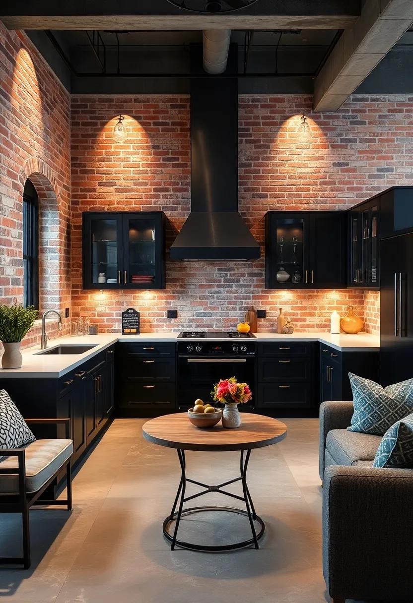 Dark Matte Cabinetry Highlighted by Soft Spotlights Against Rustic Exposed Brick Walls in a Modern Gourmet Kitchen