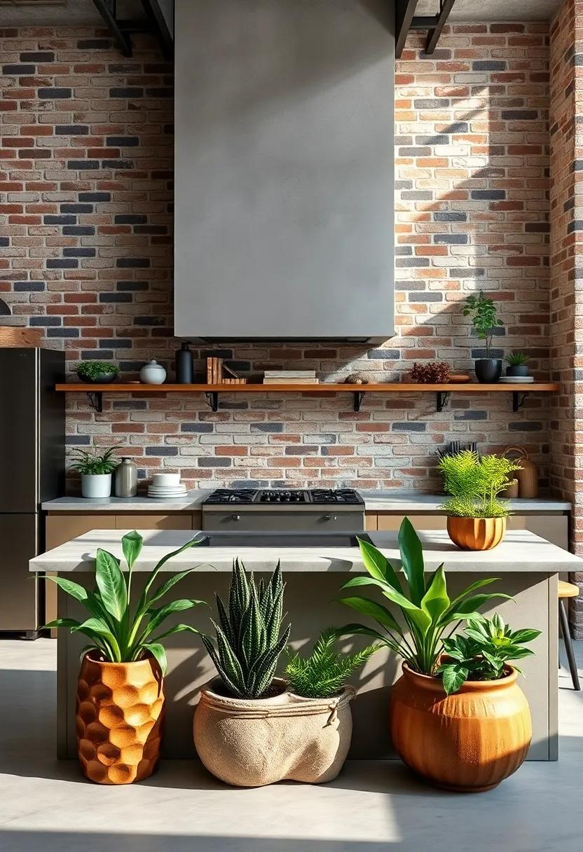 Decorative Urban Planters Sitting in Front of Textured Exposed Brick Walls Adding Natural Elegance to Industrial Design