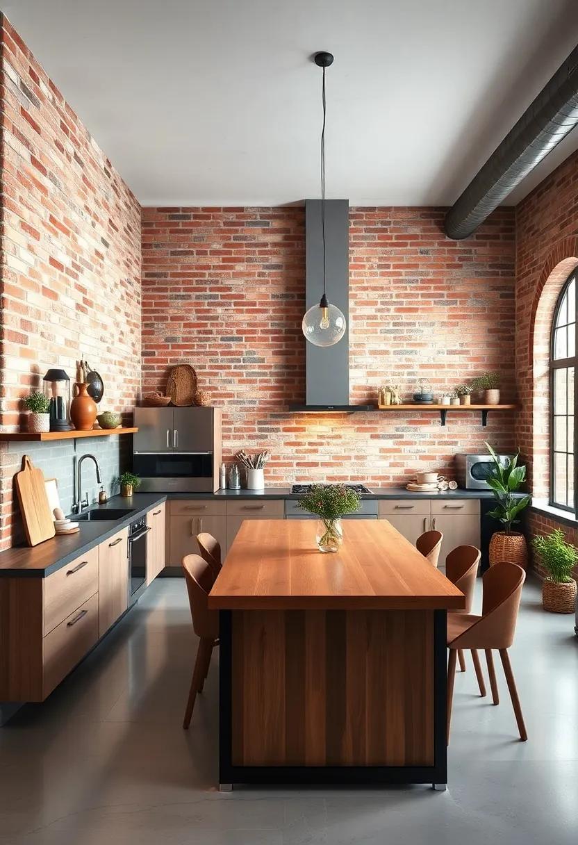 Chic Industrial Kitchen Design Featuring Warm Exposed Bricks Paired with Polished Concrete Flooring